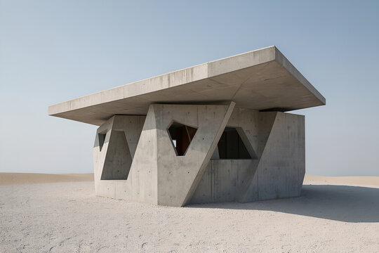 Small deconstructivist concrete pavilion on a pale gravel plaza with tilted roof