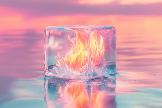 Nature scene featuring water and fire paradox in a distinctive visual composition. Ice Cube fire setting defined by orange and heat and a distinctive artistic mood. Accents combine beach and coastal.