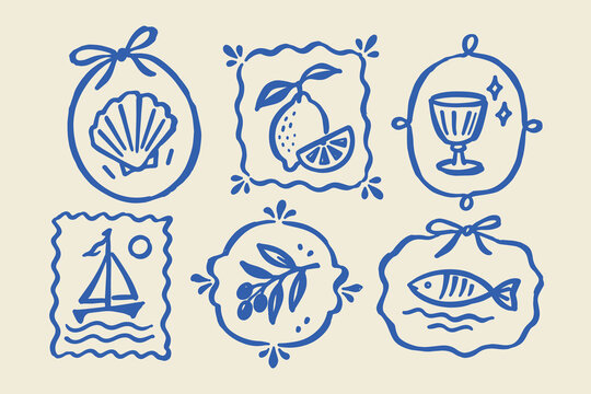 Mediterranean Hand Drawn Doodle Emblem Set
