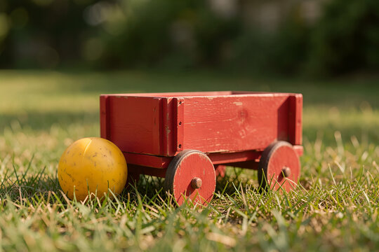 Small red wooden toy wagon and faded yellow ball on sunlit grass