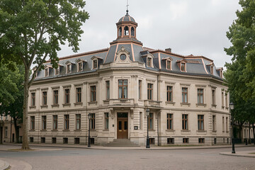 Obraz premium Stately Second Empire civic building with a central cupola in a tree-lined square