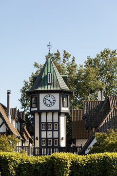 picturesque historic buildings in Solvang town on a sunny day with blue skies