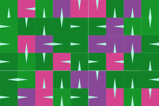 Abstract geometric grid pattern with green pink and purple rectangular tiles
