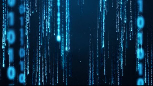 Digital Binary Codes Flowing Down a Dark Screen Representing Data Streams and Technological Connectivity