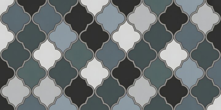 Moroccan tile pattern displays elegant quatrefoil shapes in alternating shades of grey, blue, and charcoal.