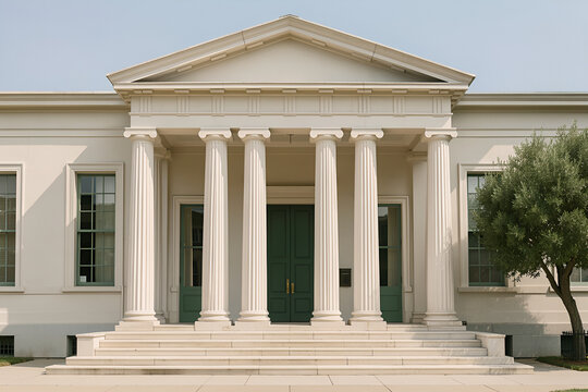 Symmetrical Greek Revival portico on a quiet civic building with four columns
