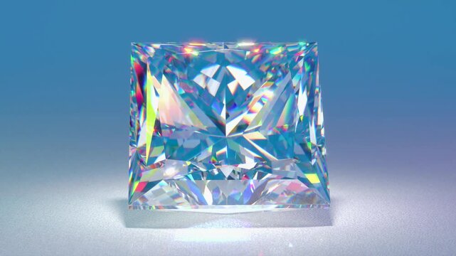 Rotation of shining princess cut diamond on blue gradient background. 3d animation