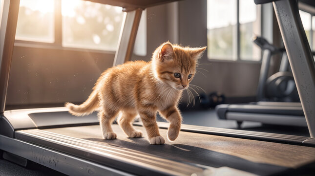 Orange kitten walking on treadmill in sunlit gym. Small ginger cat exploring fitness equipment in modern health club.