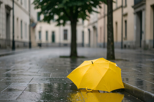 Empty city sidewalk after rain with a closed yellow umbrella beside a puddle