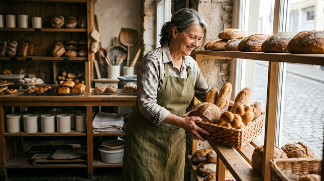 A mature woman works in a traditional small bakery shop where she organizes fresh loaves of crusty sourdough bread inside a handmade wooden basket for customers visiting her charming local