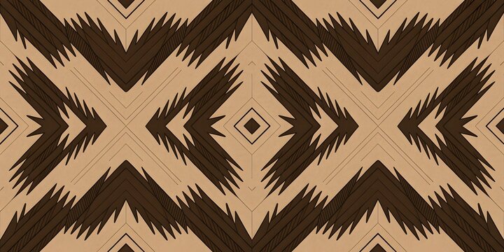 Geometric pattern features interlocking brown and black shapes with sharp textured lines and repeating symmetry.