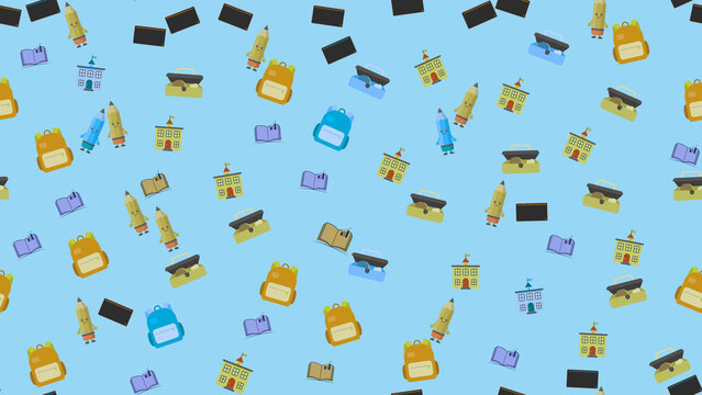 Cartoon school supplies and buildings pattern
