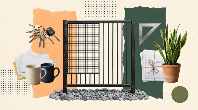 Black iron fence sample with architectural tools and office objects collage