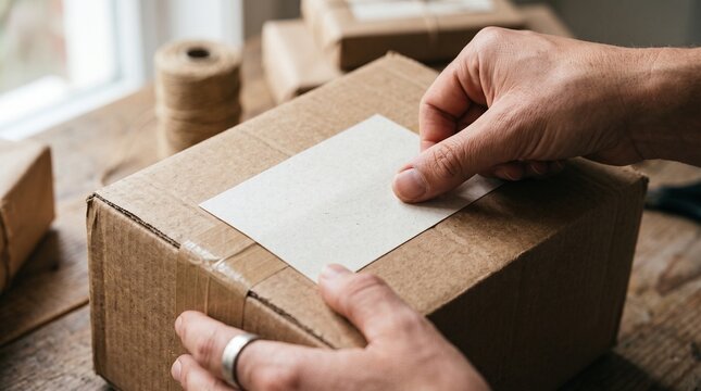 Close up of hands applying a blank label to a cardboard shipping box with twine in the background