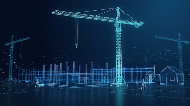 Wireframe construction site with cranes, building structures, and surveying equipment in blue glowing digital blueprint style representing engineering and architectural planning.