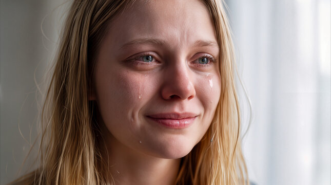 Crying young woman with tears streaming down face. Emotional expression of sadness and grief in close-up view.