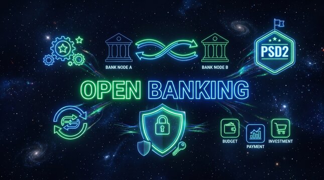Open banking API holographic financial icons dark background with OPEN text and PSD2 regulation badge, fintech data sharing technology concept