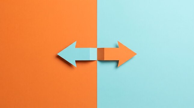 Contrasting paper arrows pointing opposite directions on split color.