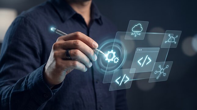 Businessman using stylus on virtual digital interface showing tech icons.