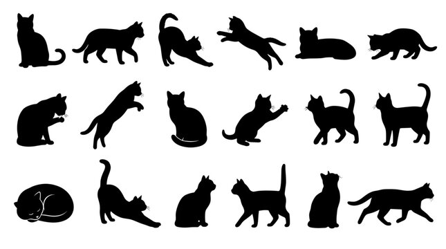 Cat silhouette vector icon set with feline poses and pet vector symbols