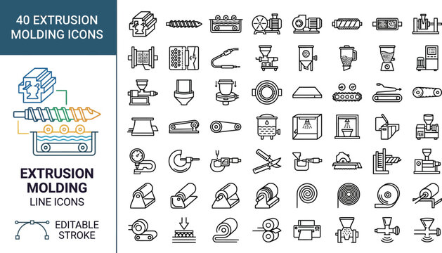 Extrusion Molding Process Icons Set Featuring Extruder Machine Hopper Screw Die Cooling Conveyor Cutting Calendering Blow Molding and Plastic Manufacturing Equipment