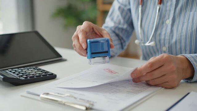 Doctor stamping medical document with blue stamp at office desk with stethoscope