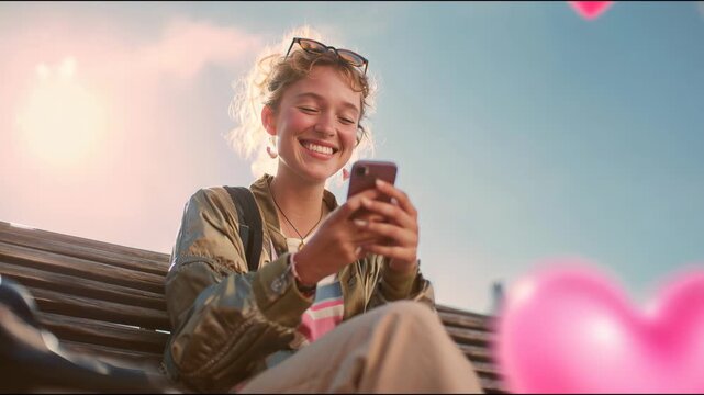 Beautiful smiling woman using her phone on a park bench with animated hearts floating around her