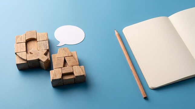 Wooden letter blocks forming letter Q and A with empty white speech bubble plus open notebook and pencil on blue background representing questions answers customer support and communication concept.