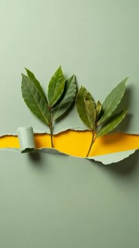 Bay leaves emerging through a torn green paper strip revealing a bright yellow background triptych composition showing subtle movement and slow reveal