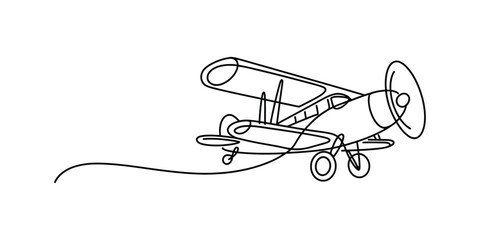 Continuous single line drawing of a small vintage biplane aircraft with a propeller flying in the air as a minimalist creative design sketch art © ARICK 