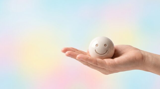Gentle hand cradling a smooth white ball featuring a cheerful smiley face against a softly blended pastel backdrop.