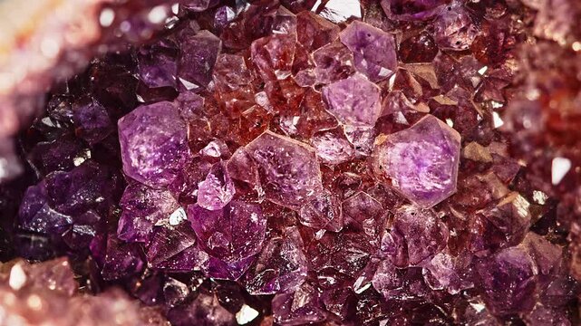 Detailed macro view of raw purple amethyst gemstone crystals with translucent surfaces, natural textures, and sparkling reflections.