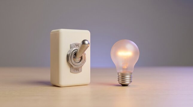 Antique style toggle switch set to ON with warm glowing light bulb symbolizing idea generation and electric power a vintage concept.