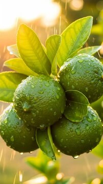 Close up of green limes on a leafy branch with water droplets and falling rain in warm golden hour backlight