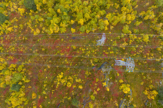 Aerial view of power lines and electricity pylons crossing a forest with vibrant autumn foliage in Fjord, More og Romsdal, Norway.