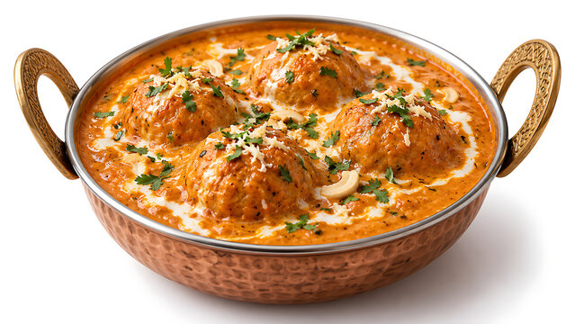 Malai kofta in a traditional serving bowl  soft paneer and potato dumplings in creamy tomato cashew gravy  Indian vegetarian cuisine