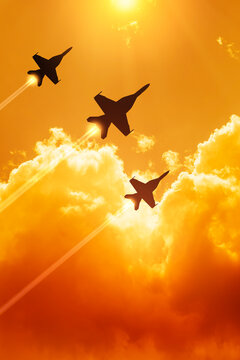 Air Force Day. Aircraft silhouettes on background of sunset. Combat flight of interceptors on a mission. Vertical poster.