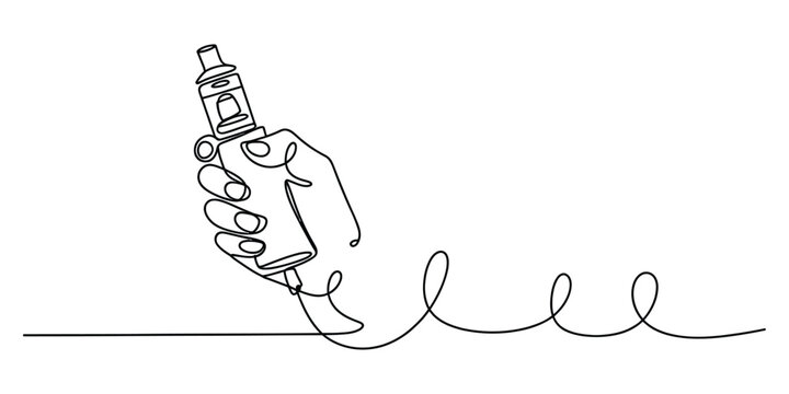 Continuous single line drawing of a hand holding an electronic cigarette device vape pen for smoking and vaping concept art illustration in black ink