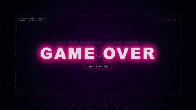 Retro Arcade Game Over Screen with Neon Glitch Effect