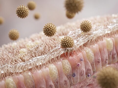 Microscopic 3D Illustration of Pollen Trapped in Respiratory Cilia