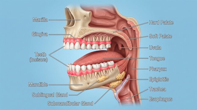 Anatomical diagram of the human oral cavity and throat with labeled structures
