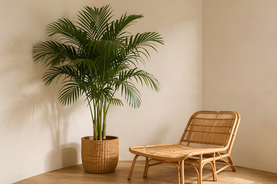 Areca palm in a woven planter beside a rattan lounge chair in a living room