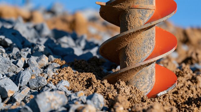 Red spiral auger drilling into granular brown soil and grey rubble at a construction site for engineering and earthworks