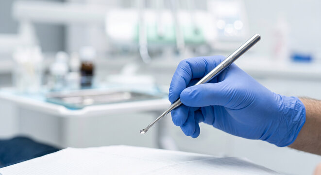 Close-up of a healthcare professional holding a stainless steel ear curette in a clinical setting