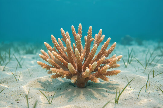 Branching coral colony on a sandy seafloor beneath calm blue water