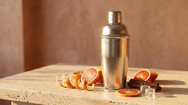 Metal cocktail shaker with sliced orange fruit pieces on a rustic wooden table in a warm sunny kitchen. cocktail shaker mockup