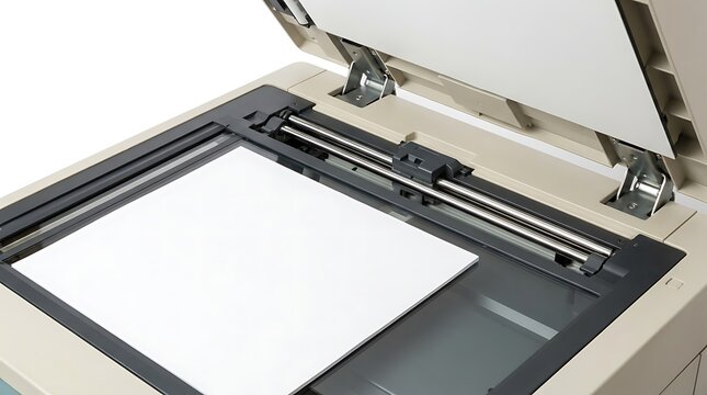 Flatbed scanner with lid open showing blank white paper ready for scanning documents or photos for digital archiving.