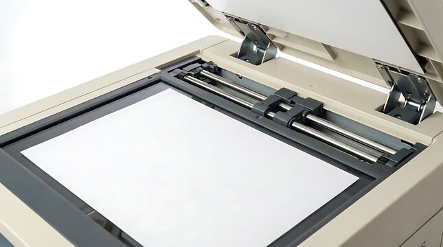 Flatbed scanner with lid open showing blank white paper ready for scanning documents or photos for digital archiving.