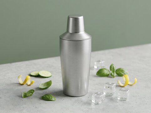 A shiny metal cocktail shaker standing on a gray stone counter with fresh lime and ice cubes nearby. cocktail shaker mockup