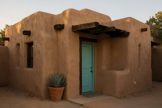 Pueblo revival adobe home with turquoise front door in a quiet courtyard